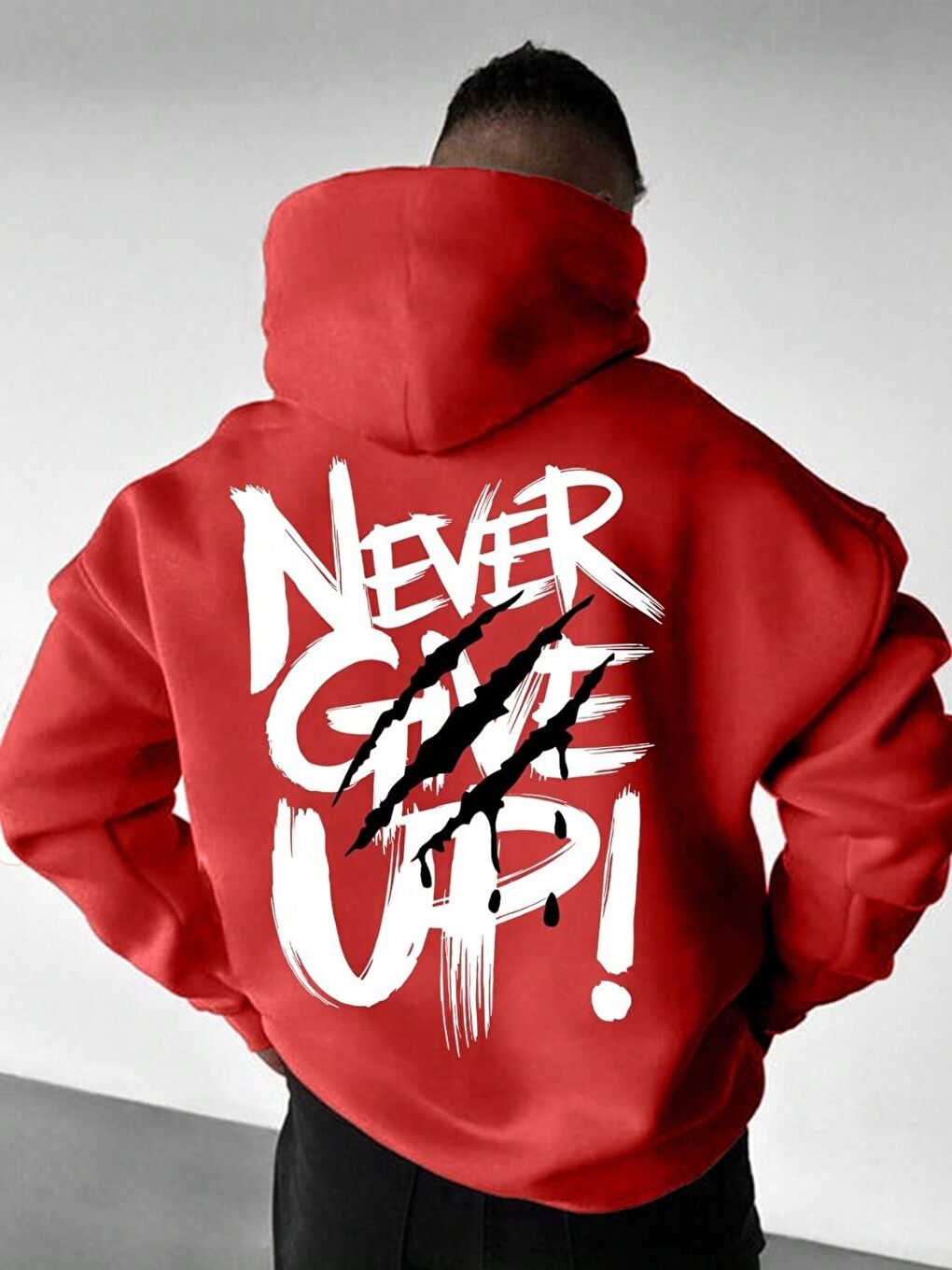 Erkek Kırmızı Never Give UP Baskılı Sweatshirt Uzun Kollu Hoodie