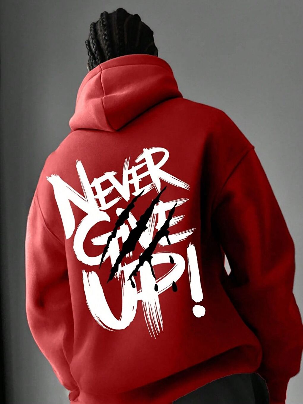 Erkek Kırmızı Never Give UP Baskılı Sweatshirt Uzun Kollu Hoodie-1