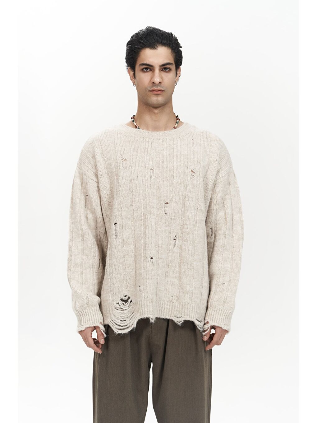 Vincent Yırtık Detay Bej Erkek Triko Kazak-1