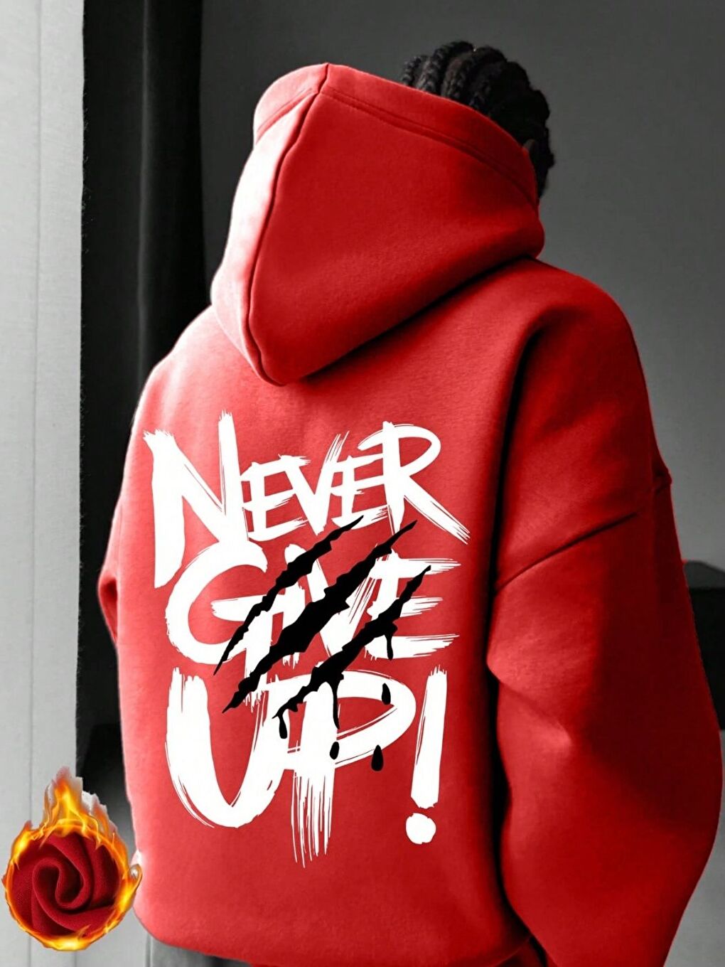 Erkek Kırmızı Never Give UP Baskılı Sweatshirt Uzun Kollu Hoodie-3