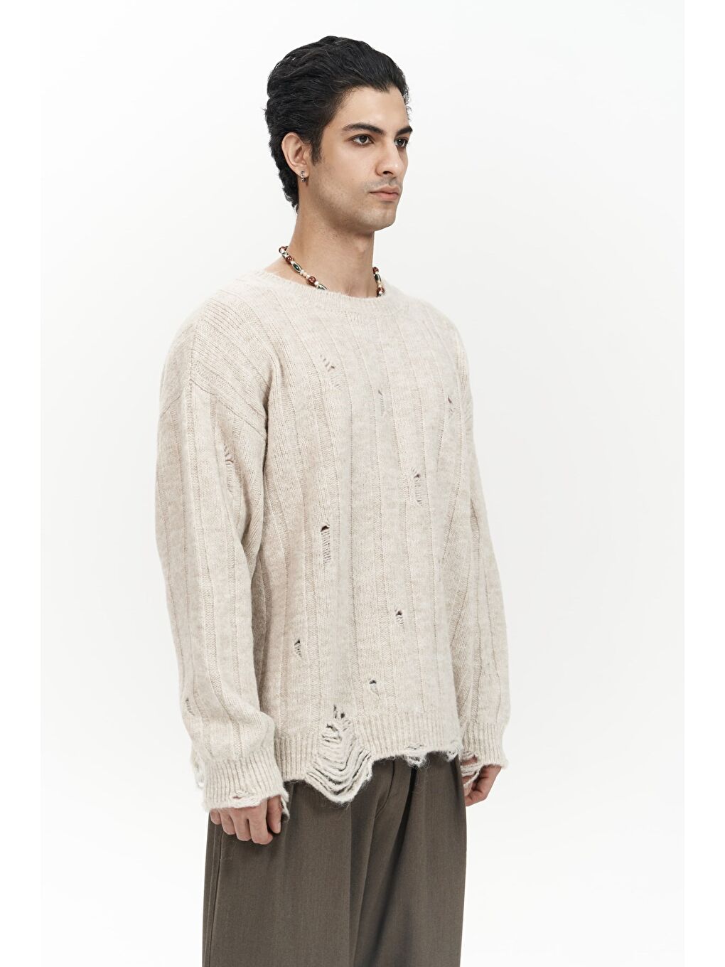 Vincent Yırtık Detay Bej Erkek Triko Kazak-2