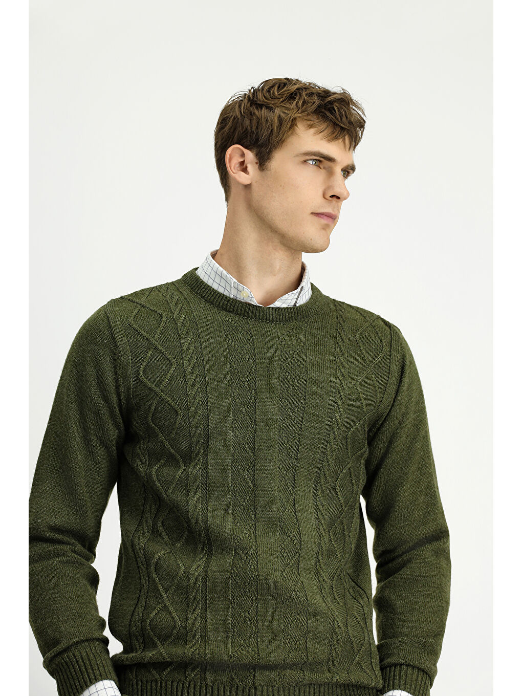 Haki Bisiklet Yaka Regular Fit Desenli Triko Kazak-2