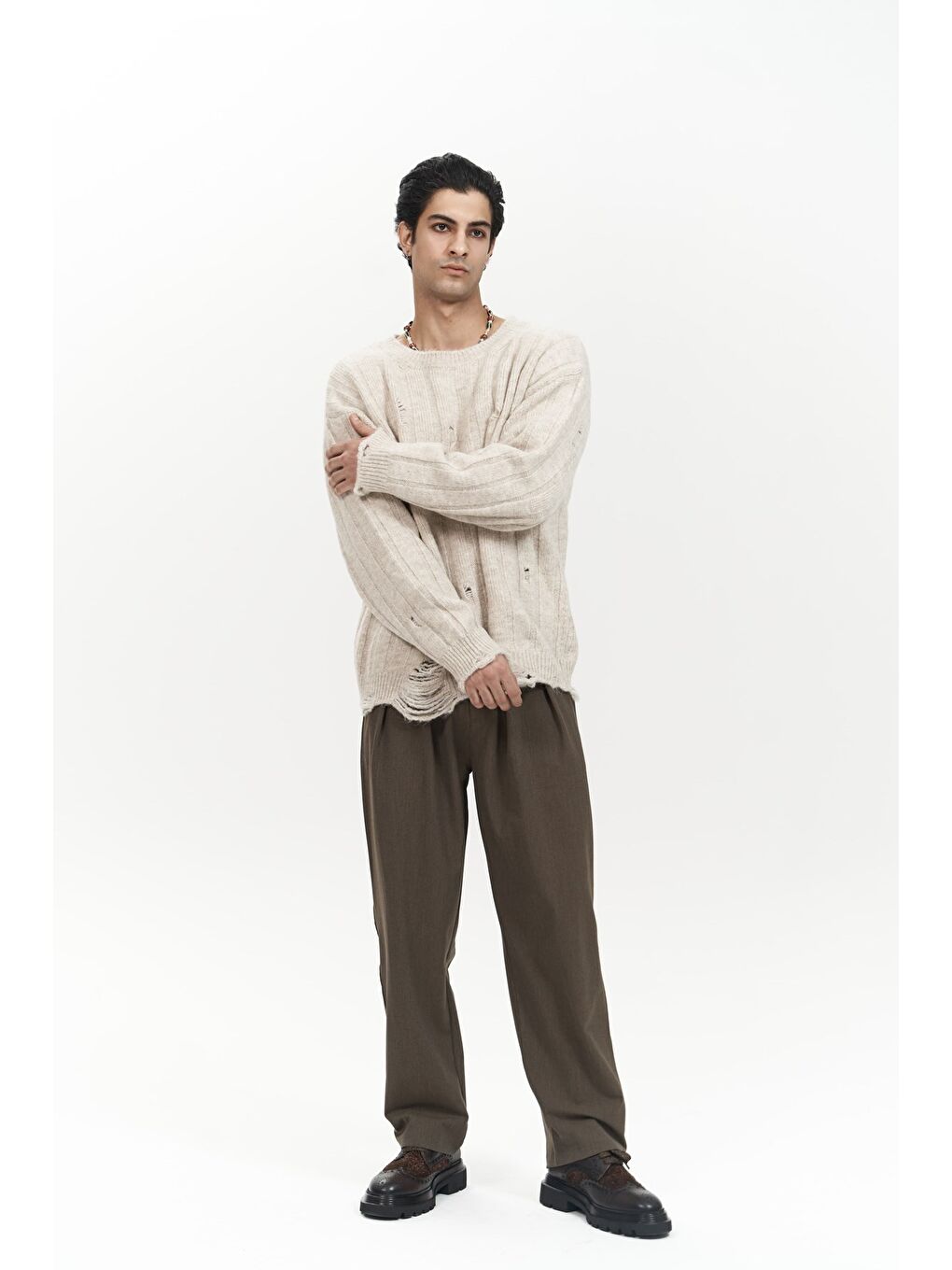 Vincent Yırtık Detay Bej Erkek Triko Kazak-6