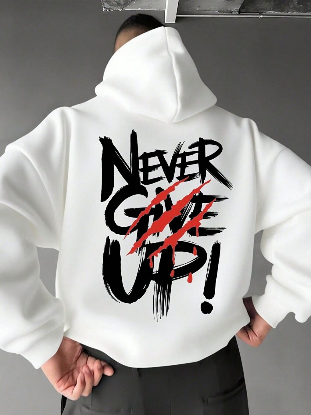 Erkek Beyaz Never Give UP Baskılı Sweatshirt Uzun Kollu Hoodie