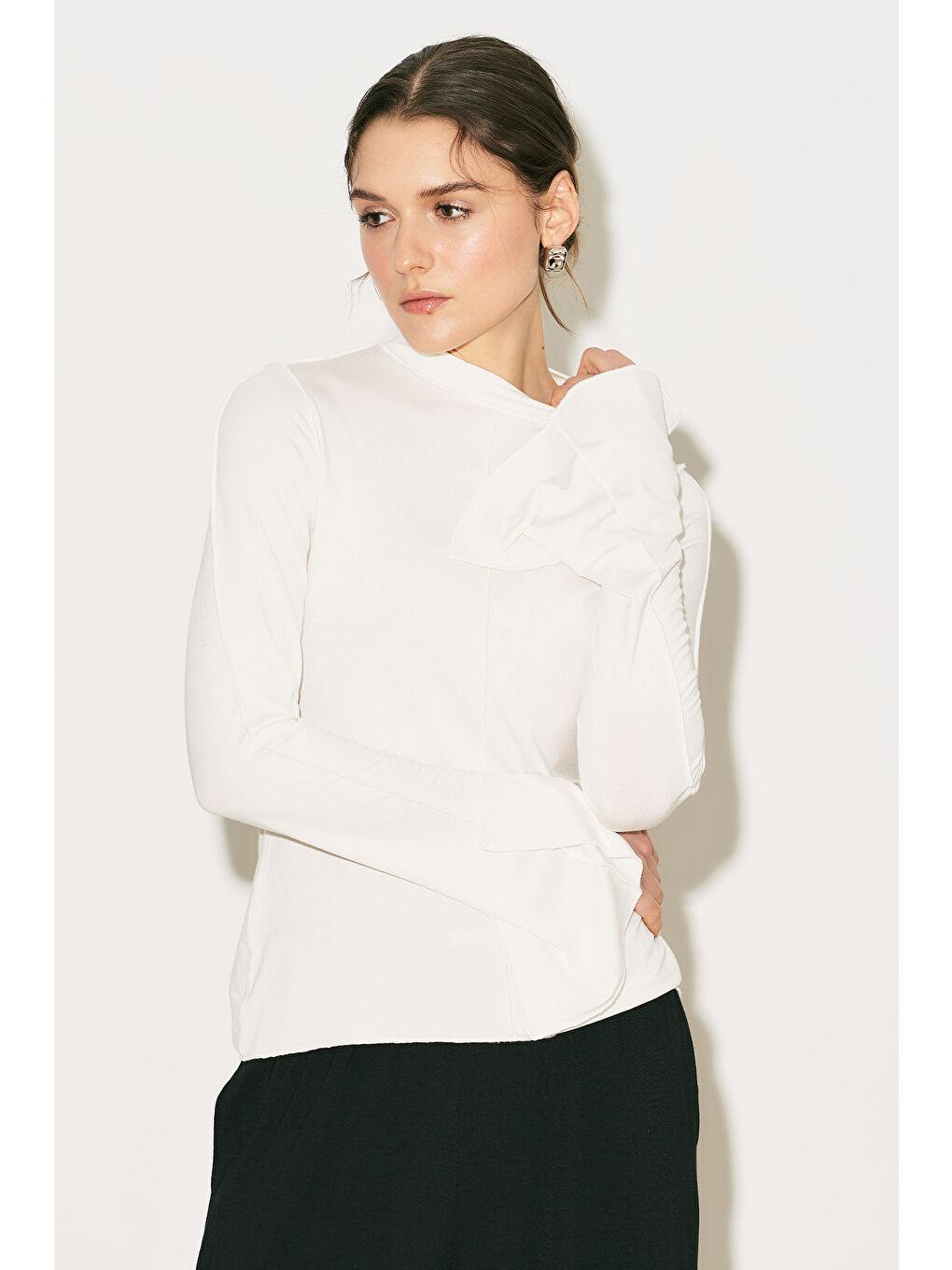 Easy Geniş Uzun Kol Bluz Ekru-2