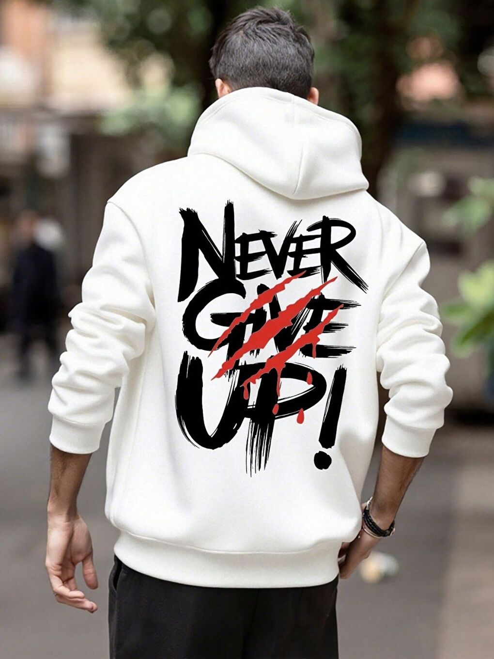 Erkek Beyaz Never Give UP Baskılı Sweatshirt Uzun Kollu Hoodie-2