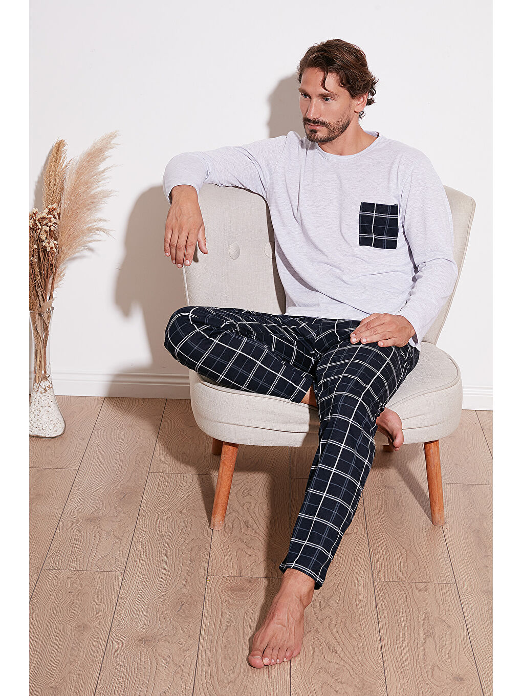 Gri Ekoseli Cepli Beli Lastikli %100 Pamuk Regular Fit Erkek Pijama Takımı 6572001