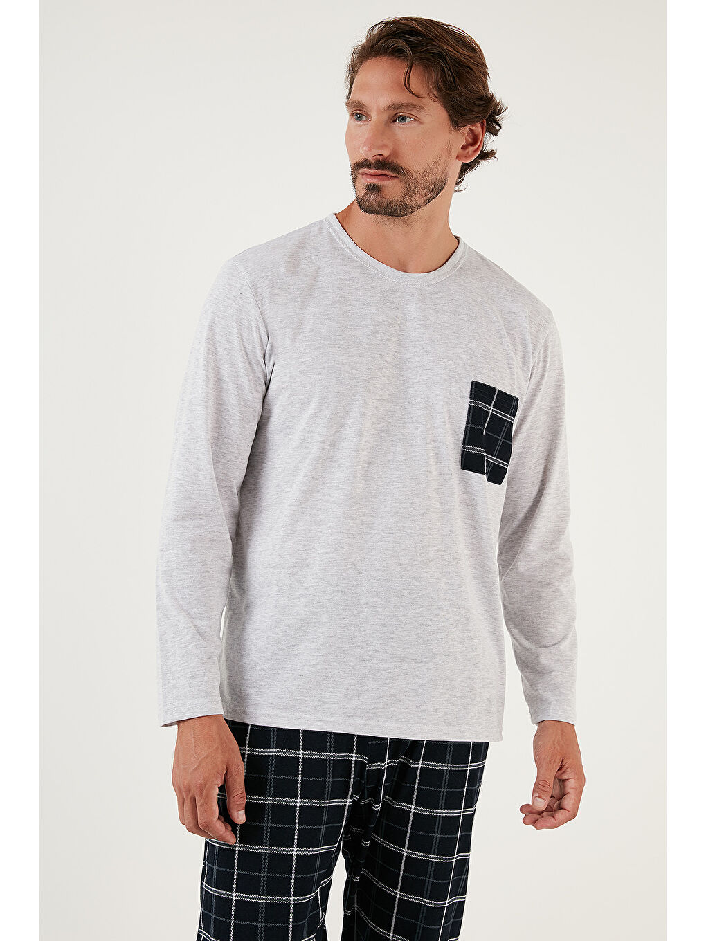 Gri Ekoseli Cepli Beli Lastikli %100 Pamuk Regular Fit Erkek Pijama Takımı 6572001-2