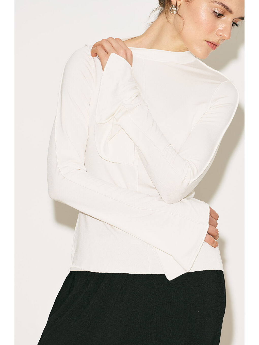 Easy Geniş Uzun Kol Bluz Ekru-4