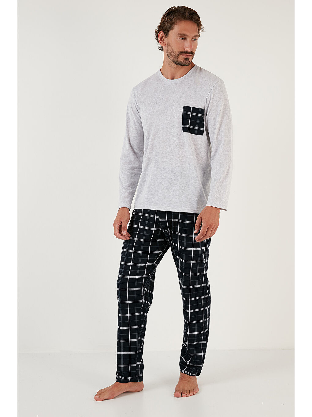 Gri Ekoseli Cepli Beli Lastikli %100 Pamuk Regular Fit Erkek Pijama Takımı 6572001-5