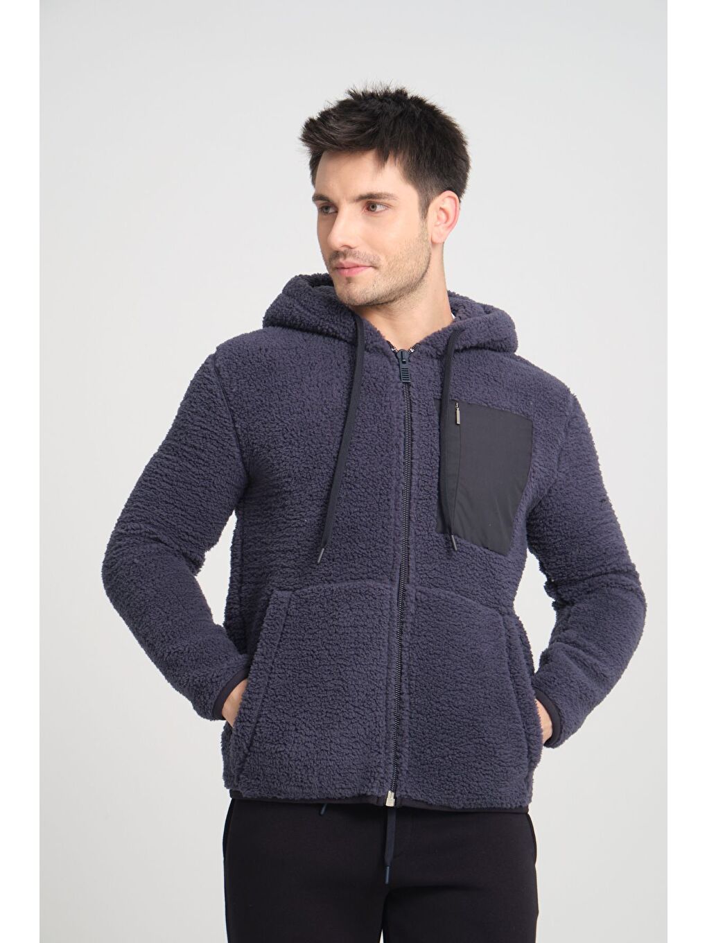 Gri Füme Fermuarlı Kapüşonlu Pelüş Sweatshirt