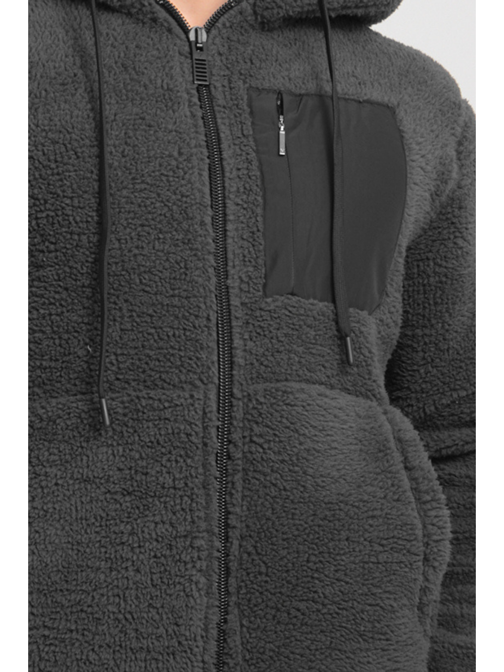 Gri Füme Fermuarlı Kapüşonlu Pelüş Sweatshirt-1