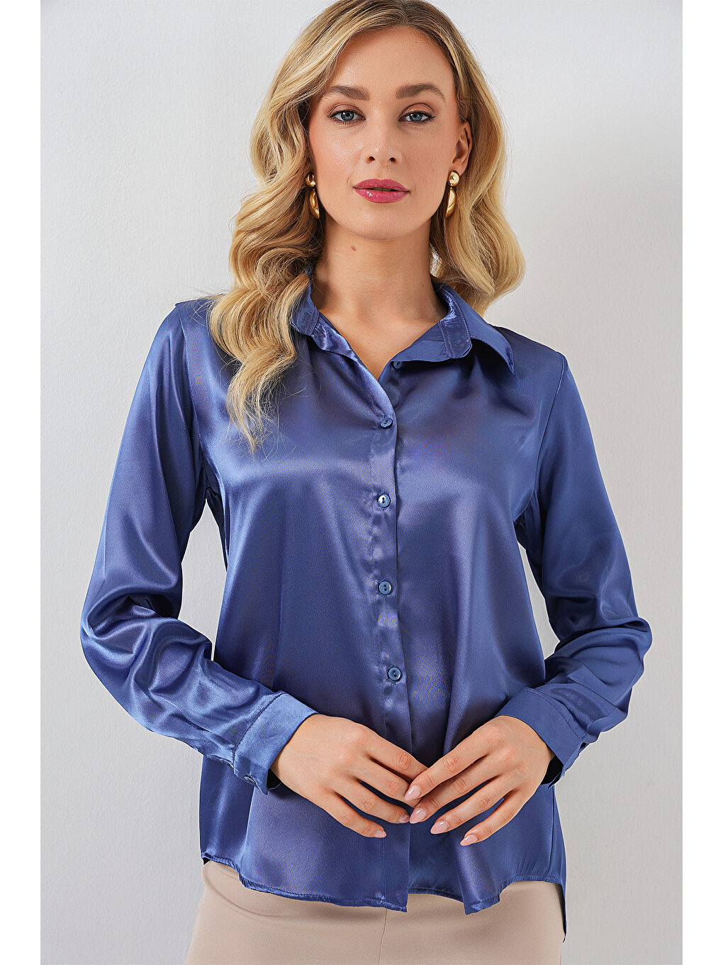 3964 Hafif Dökümlü Saten Gömlek - C.Lacivert