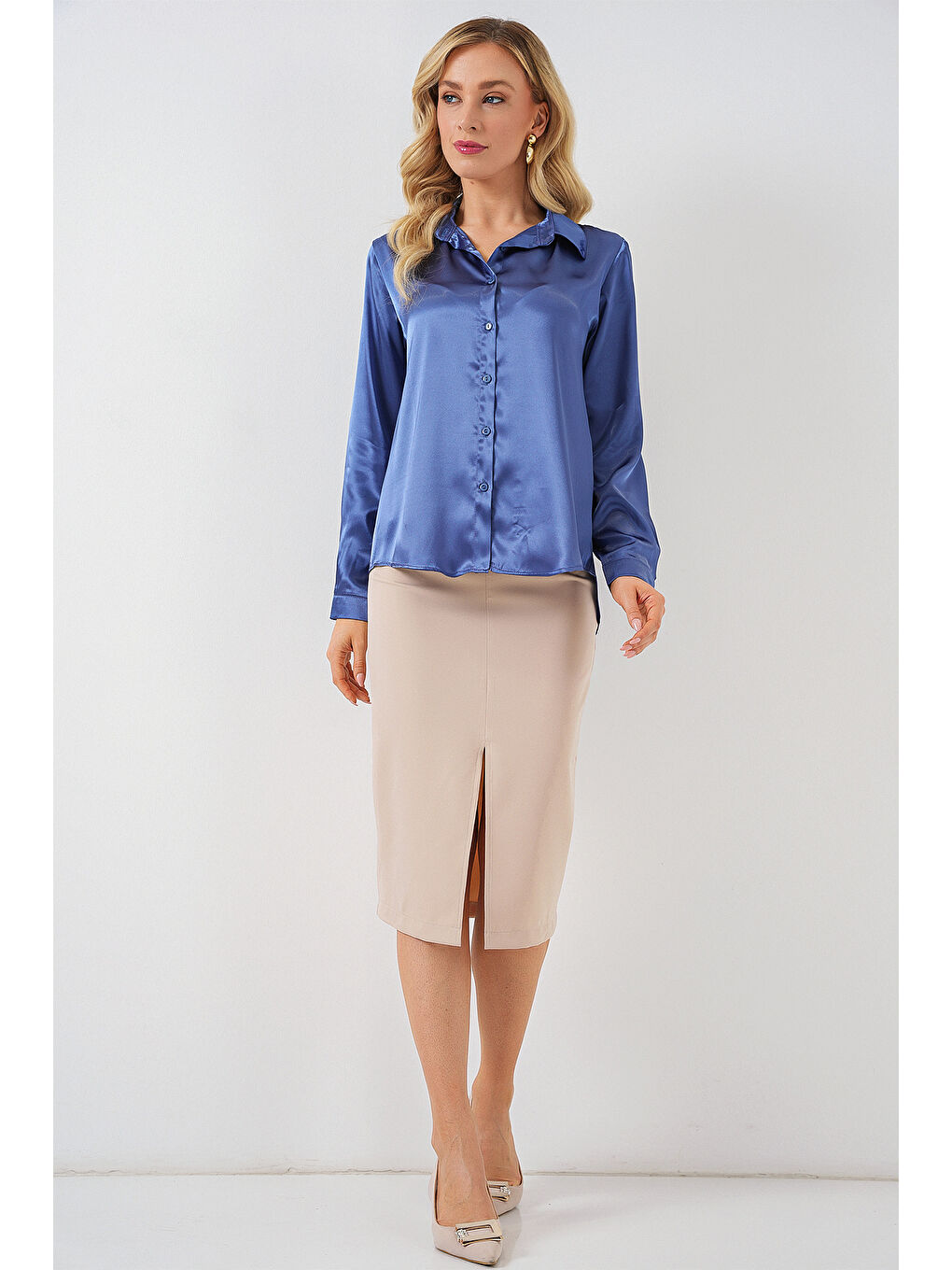 3964 Hafif Dökümlü Saten Gömlek - C.Lacivert-1