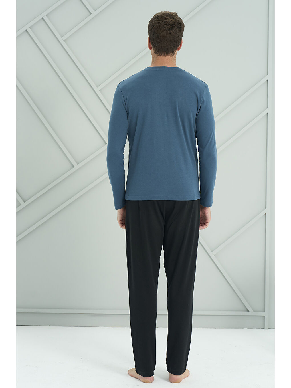 Siyah Erkek Interlok Penye Uzun Kol Pijama Takımı 2201 Petrol02-1