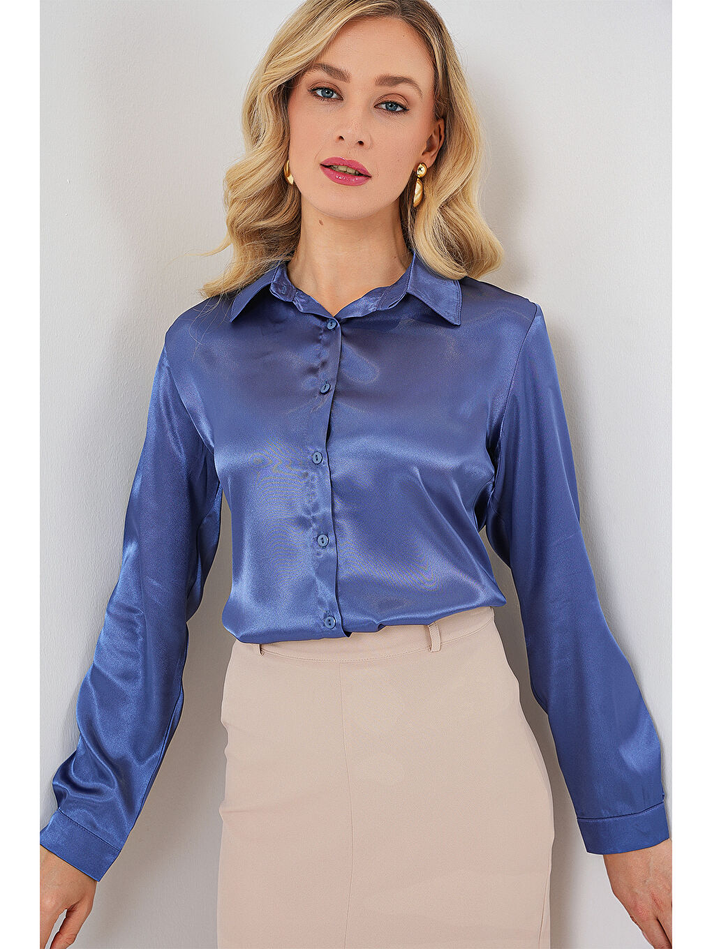 3964 Hafif Dökümlü Saten Gömlek - C.Lacivert-2