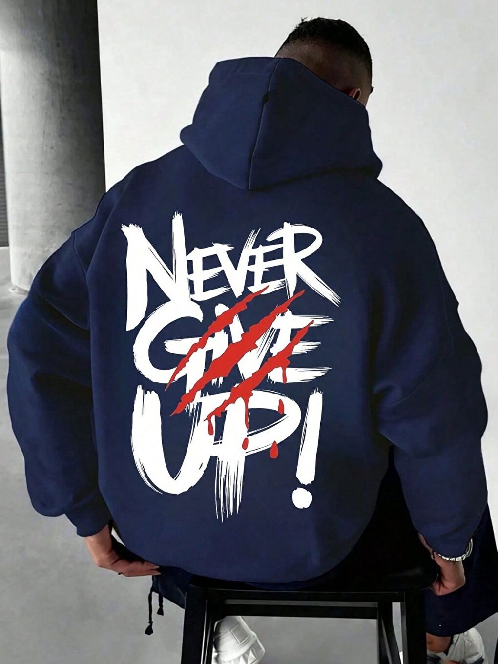 Erkek Lacivert Never Give UP Baskılı Sweatshirt Uzun Kollu Hoodie