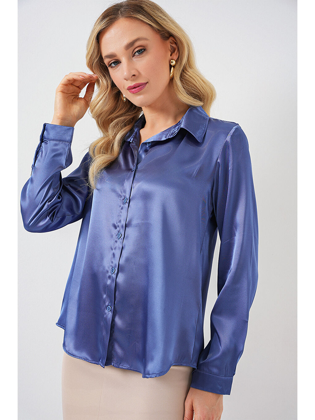 3964 Hafif Dökümlü Saten Gömlek - C.Lacivert-3