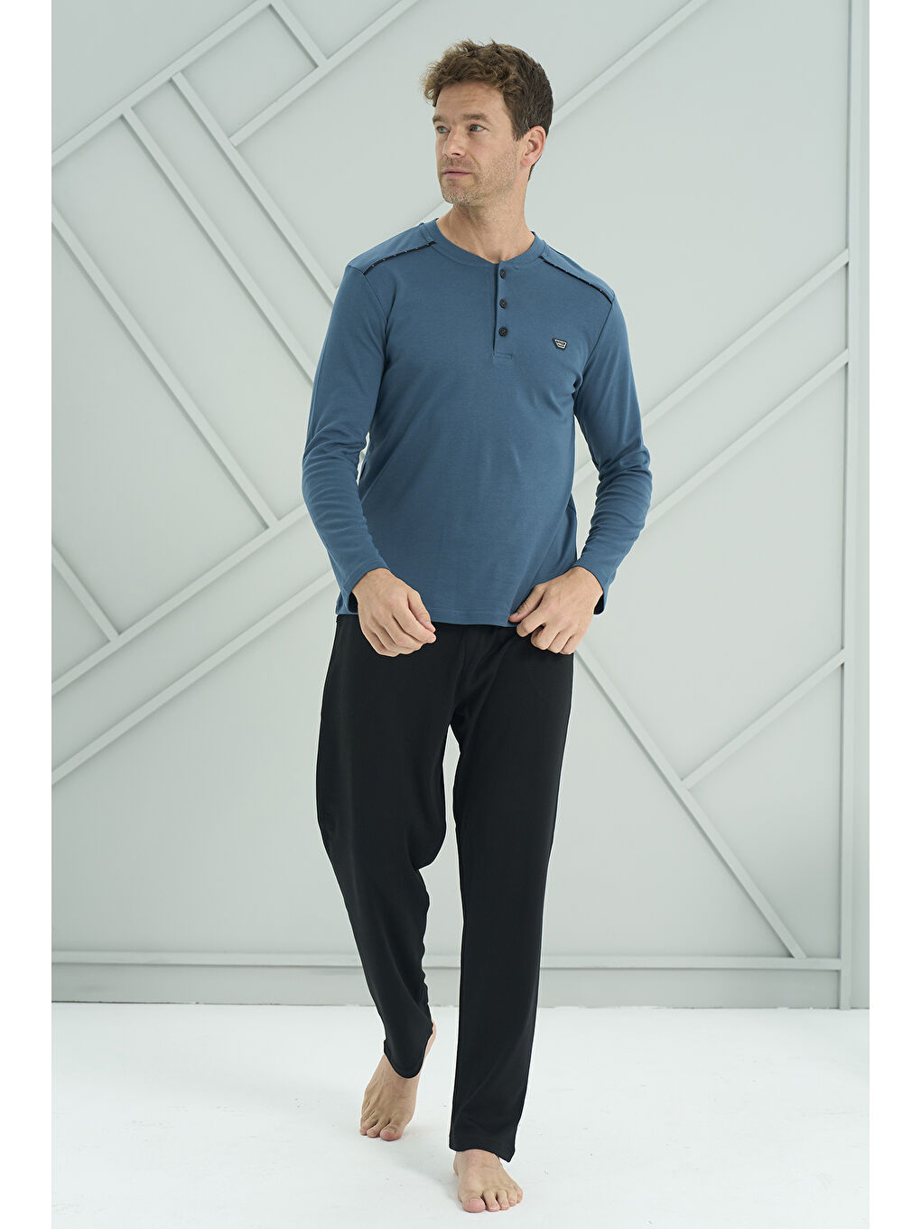 Siyah Erkek Interlok Penye Uzun Kol Pijama Takımı 2201 Petrol02-2