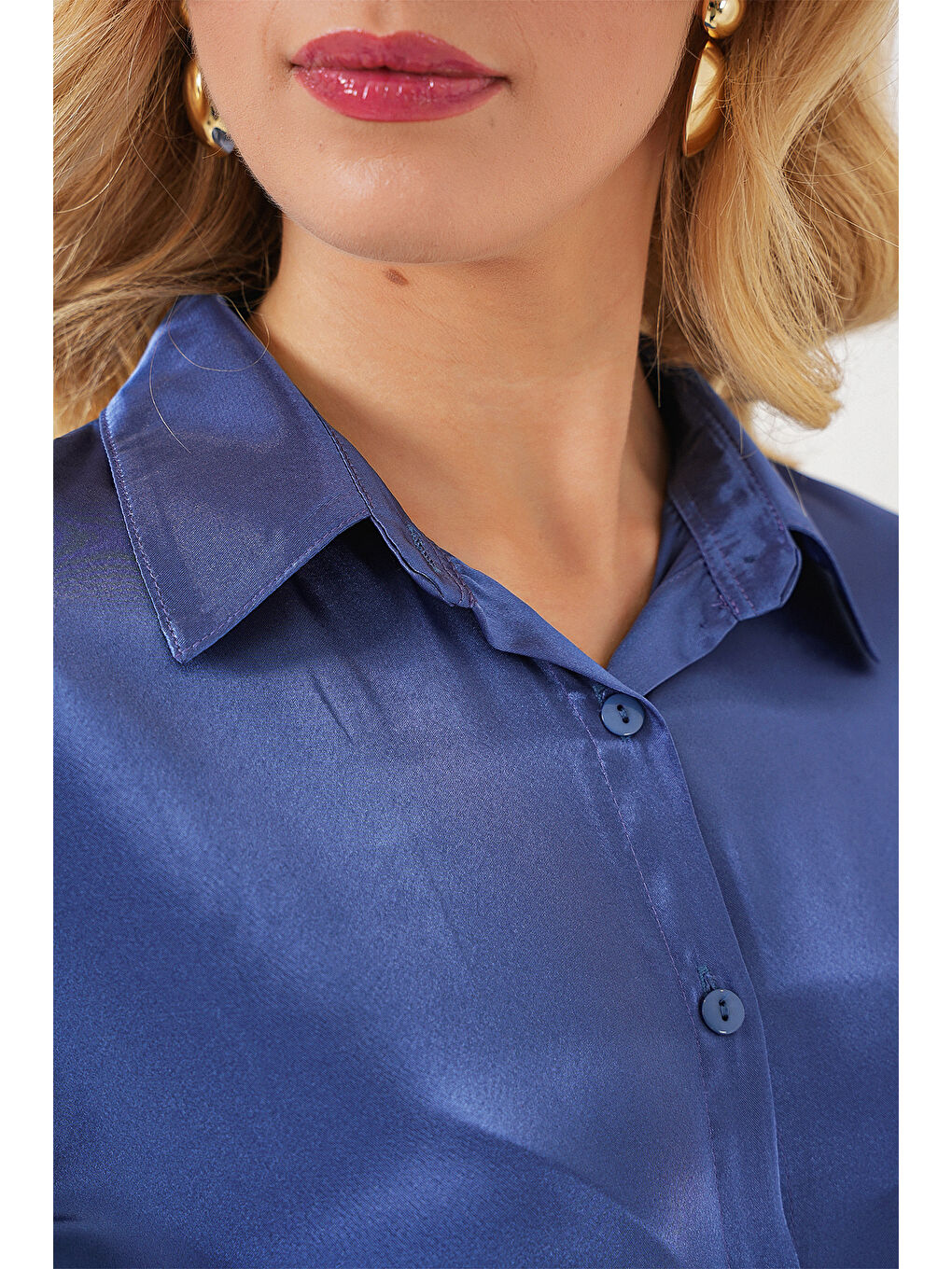 3964 Hafif Dökümlü Saten Gömlek - C.Lacivert-4