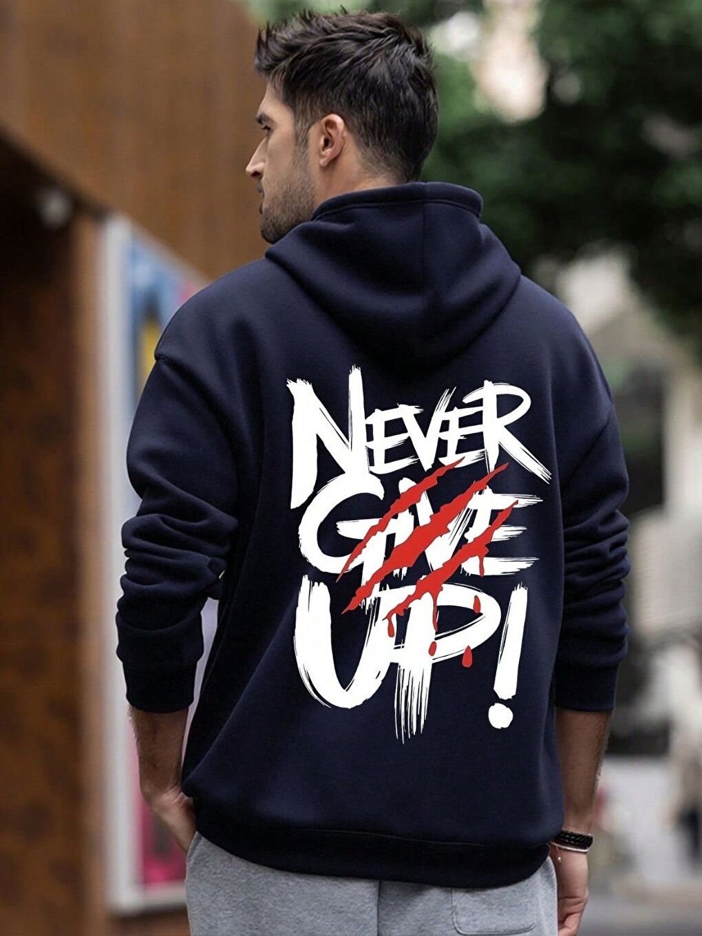 Erkek Lacivert Never Give UP Baskılı Sweatshirt Uzun Kollu Hoodie-2