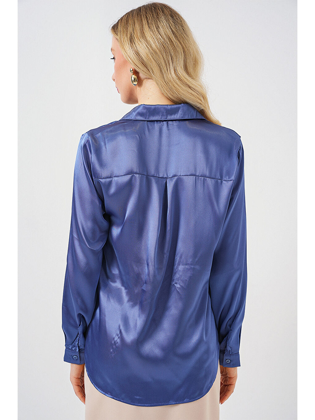 3964 Hafif Dökümlü Saten Gömlek - C.Lacivert-5