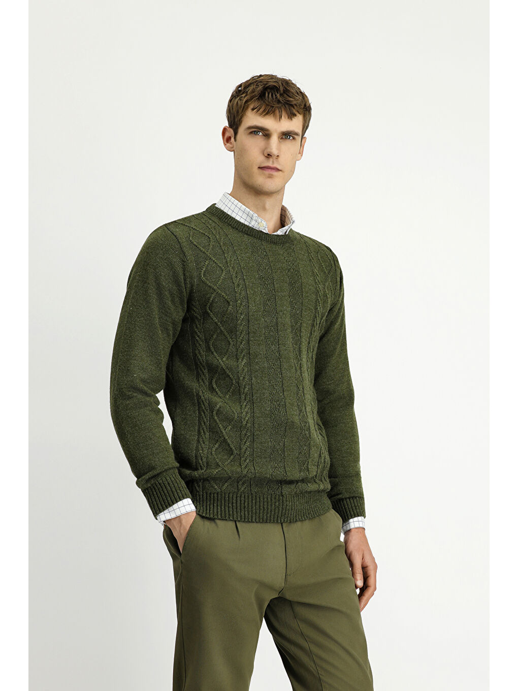 Haki Bisiklet Yaka Regular Fit Desenli Triko Kazak-3