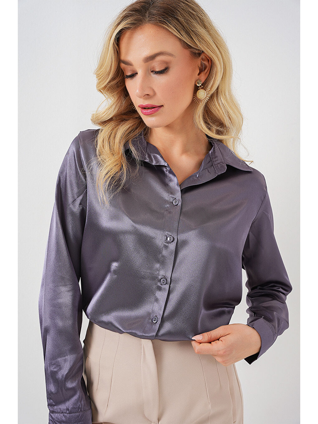 3964 Hafif Dökümlü Saten Gömlek - Antrasit-3