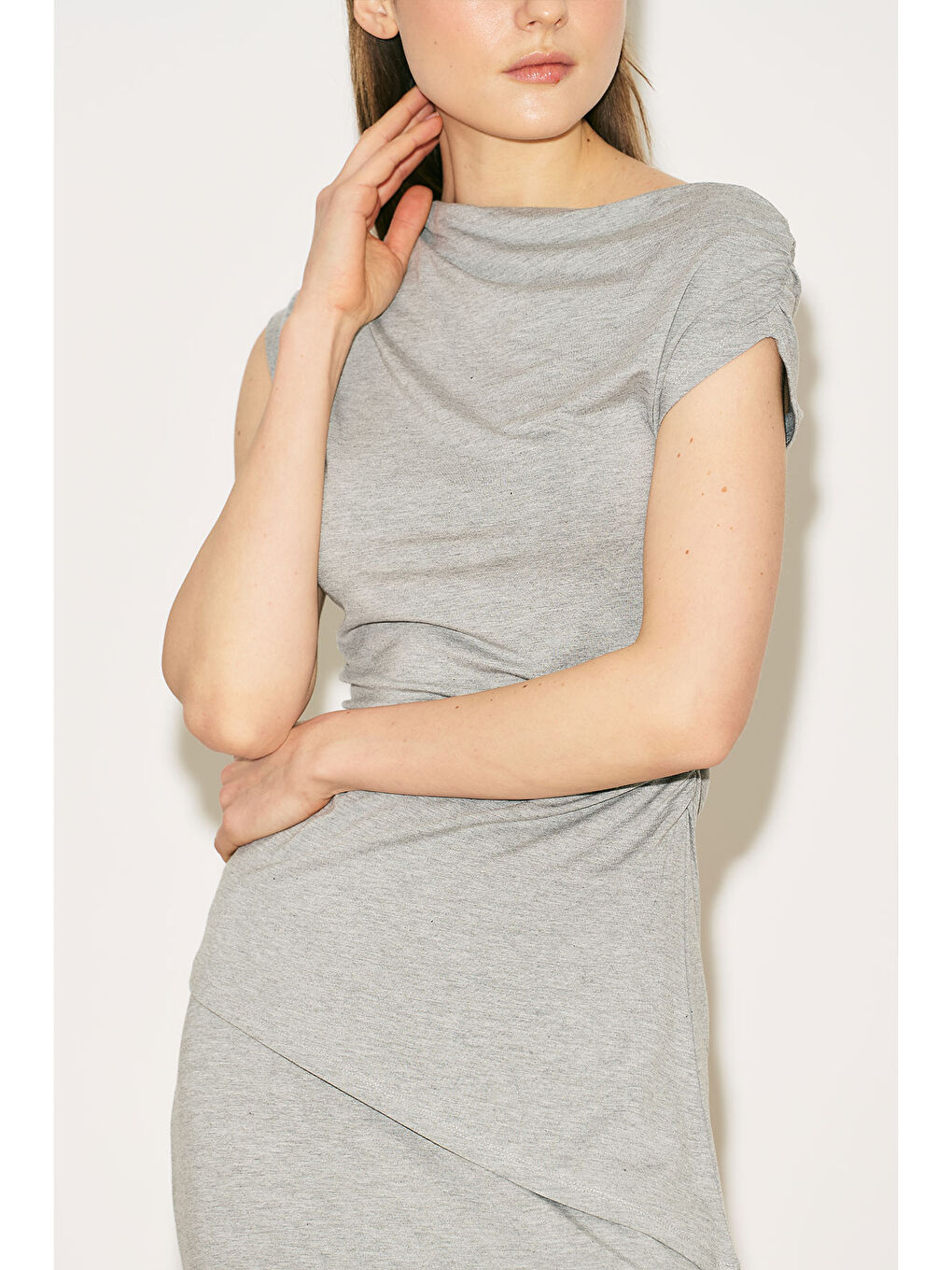 Easy Kolsuz Büzgülü Bluz Gri Melanj