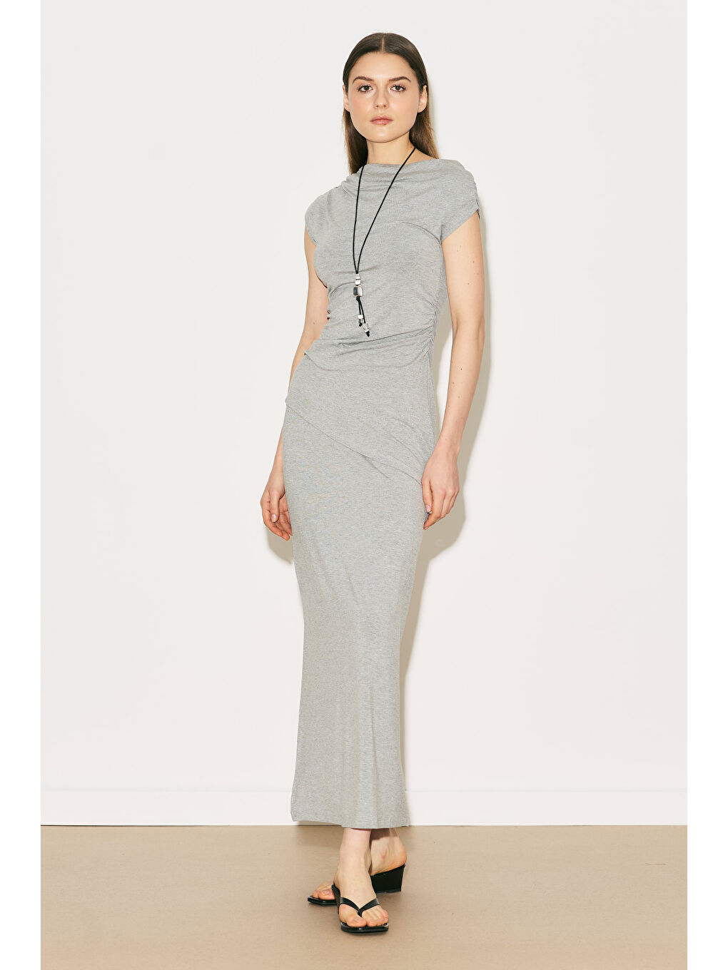 Easy Kolsuz Büzgülü Bluz Gri Melanj-1