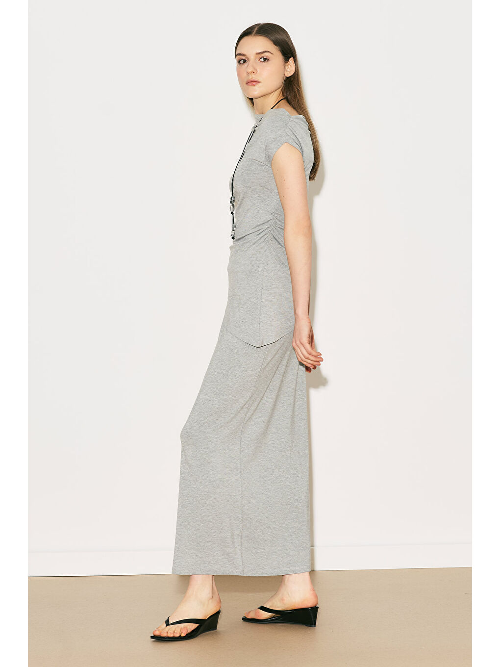 Easy Kolsuz Büzgülü Bluz Gri Melanj-4