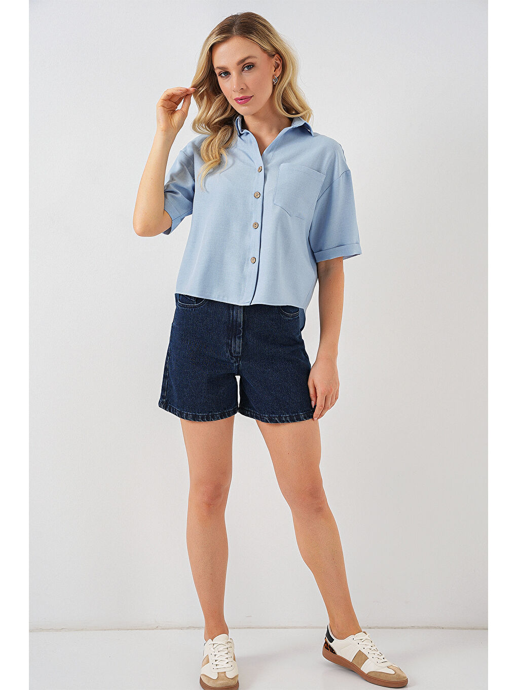 Kadın Keten Görünümlü Crop Gömlek 20339 - Mavi-1