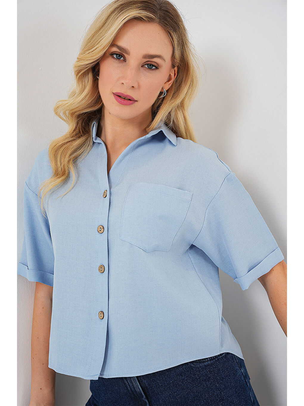 Kadın Keten Görünümlü Crop Gömlek 20339 - Mavi-2
