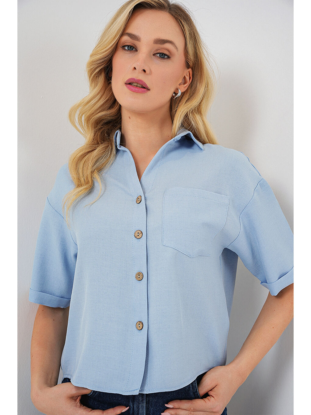 Kadın Keten Görünümlü Crop Gömlek 20339 - Mavi-3