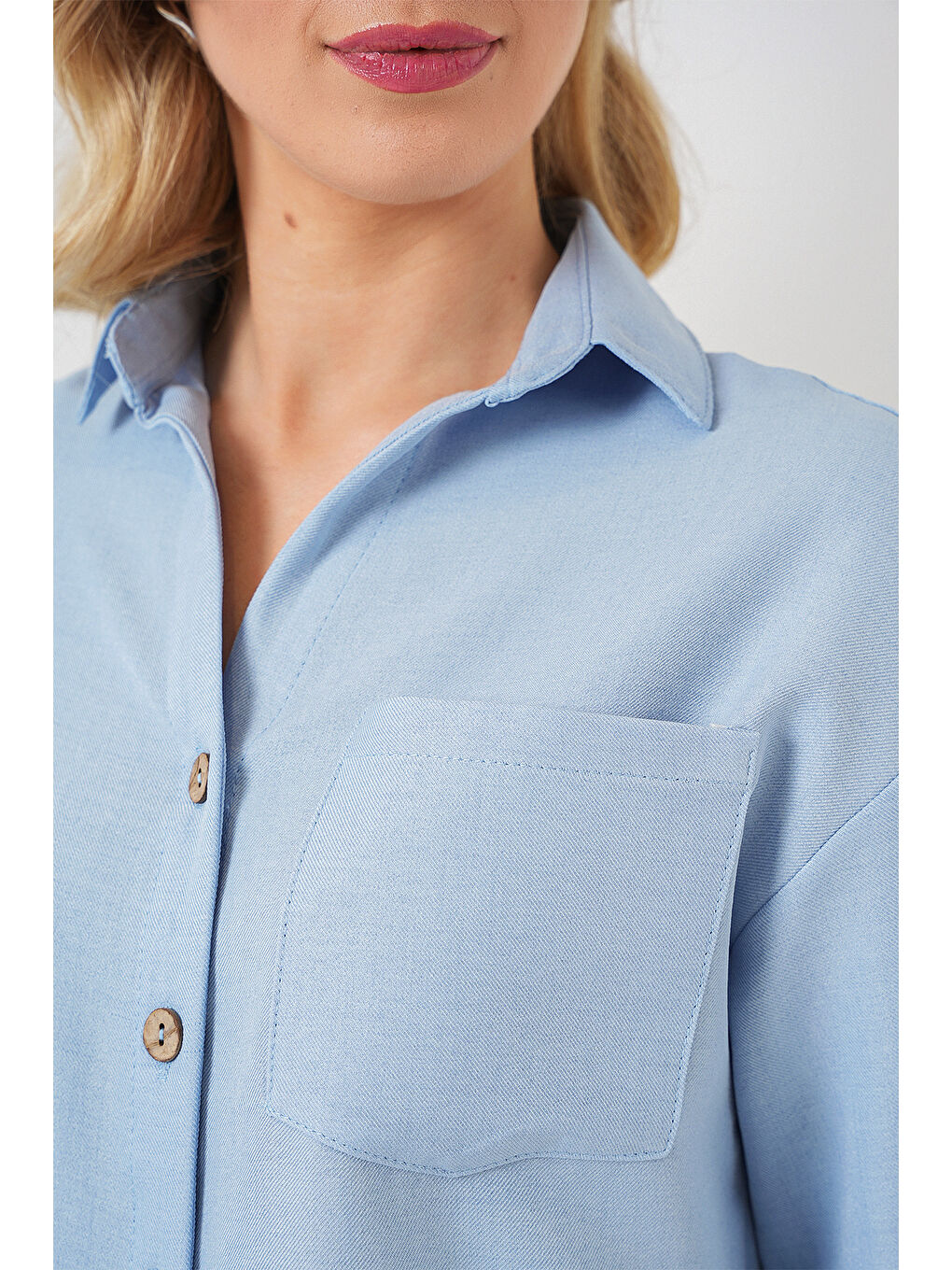 Kadın Keten Görünümlü Crop Gömlek 20339 - Mavi-4