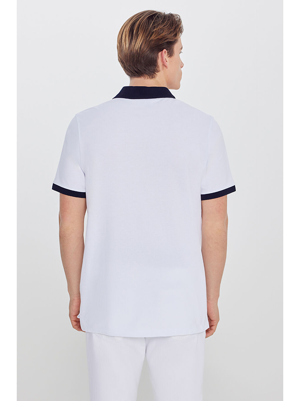 Erkek Beyaz-Lacivert %100 Pamuk Slim Fit Dar Kesim Polo Yaka Tişört-4