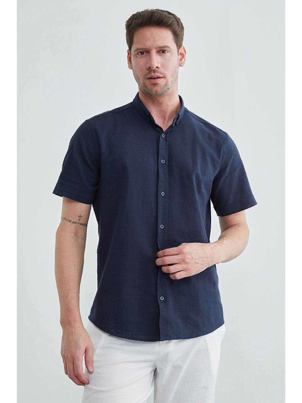 Lacivert Keten Görünümlü Kısa Kol Gömlek-1