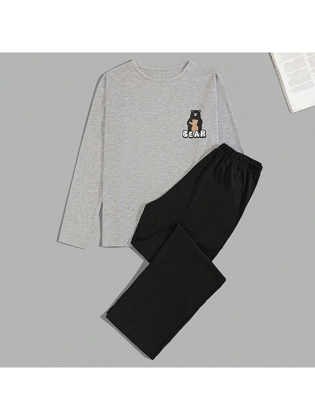 Gri Erkek Uzun Kollu Pijama Takımı Ayı Baskılı