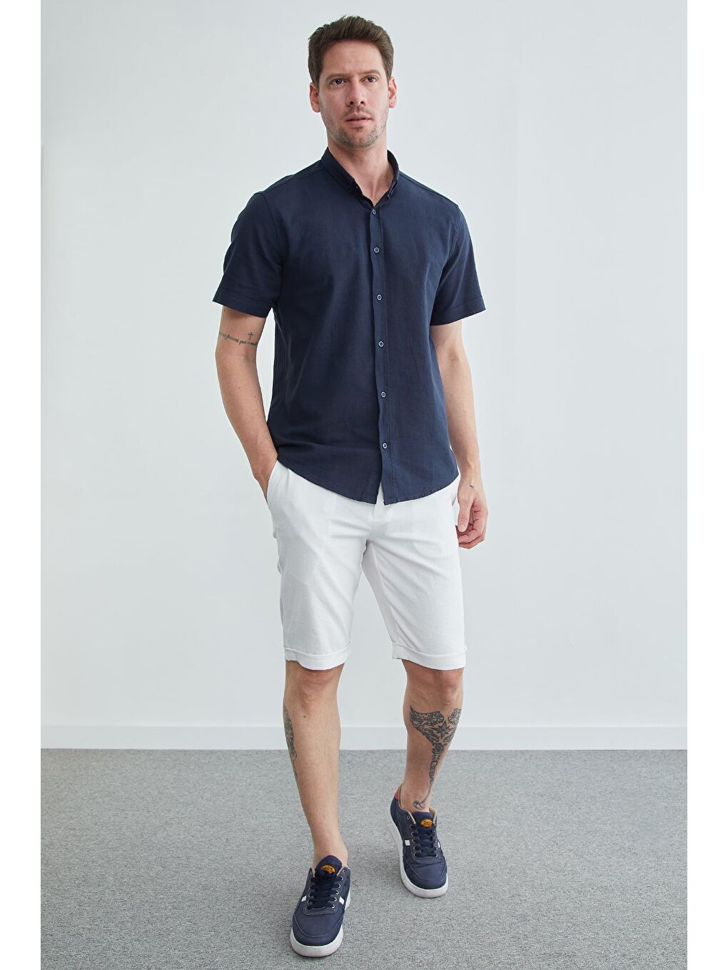 Lacivert Keten Görünümlü Kısa Kol Gömlek-2