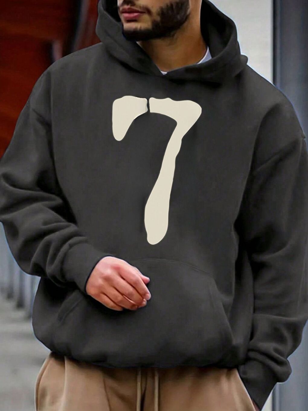 Gri Erkek Füme 7 Baskılı Sweatshirt Uzun Kollu Hoodie