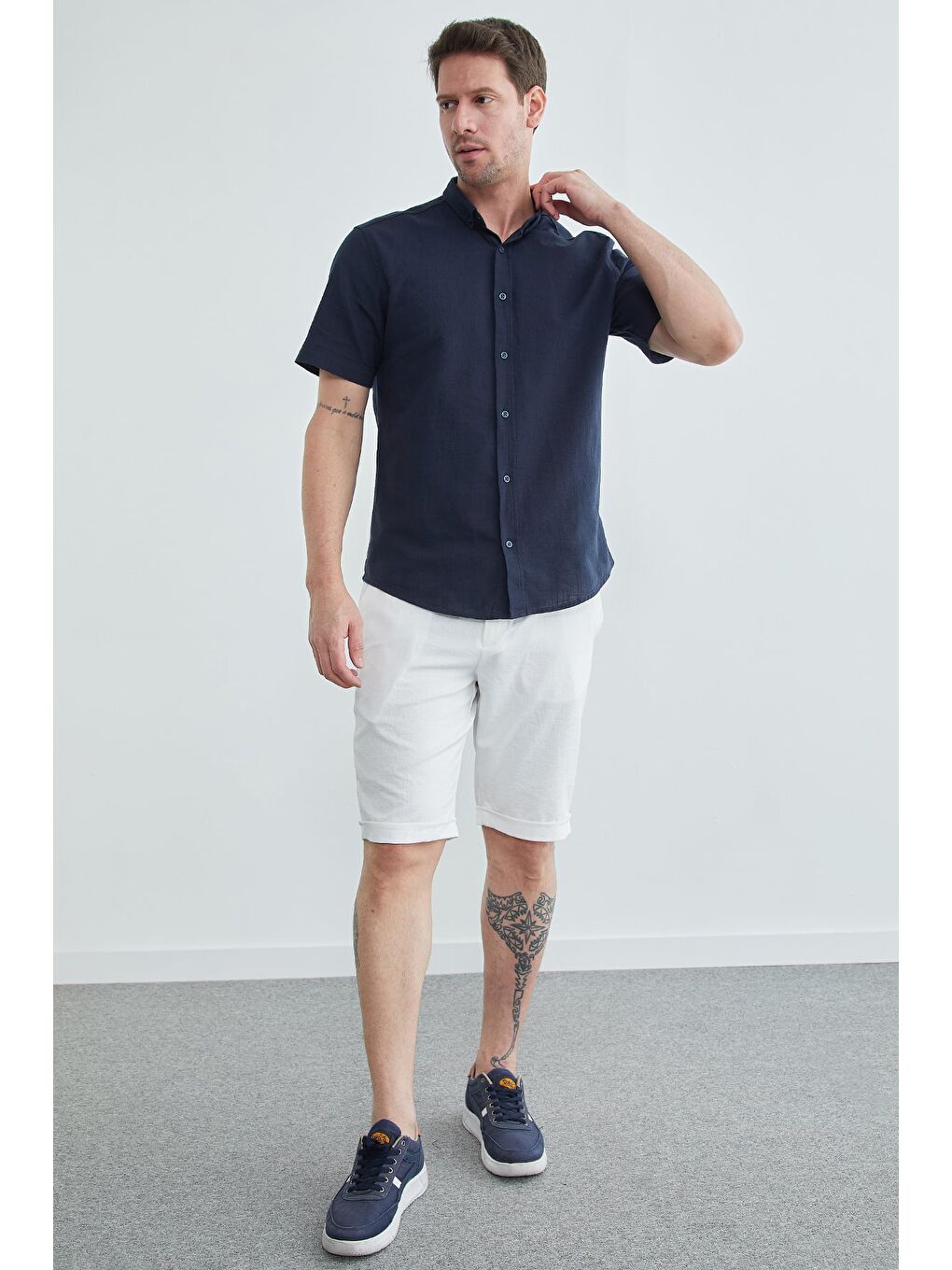 Lacivert Keten Görünümlü Kısa Kol Gömlek-4