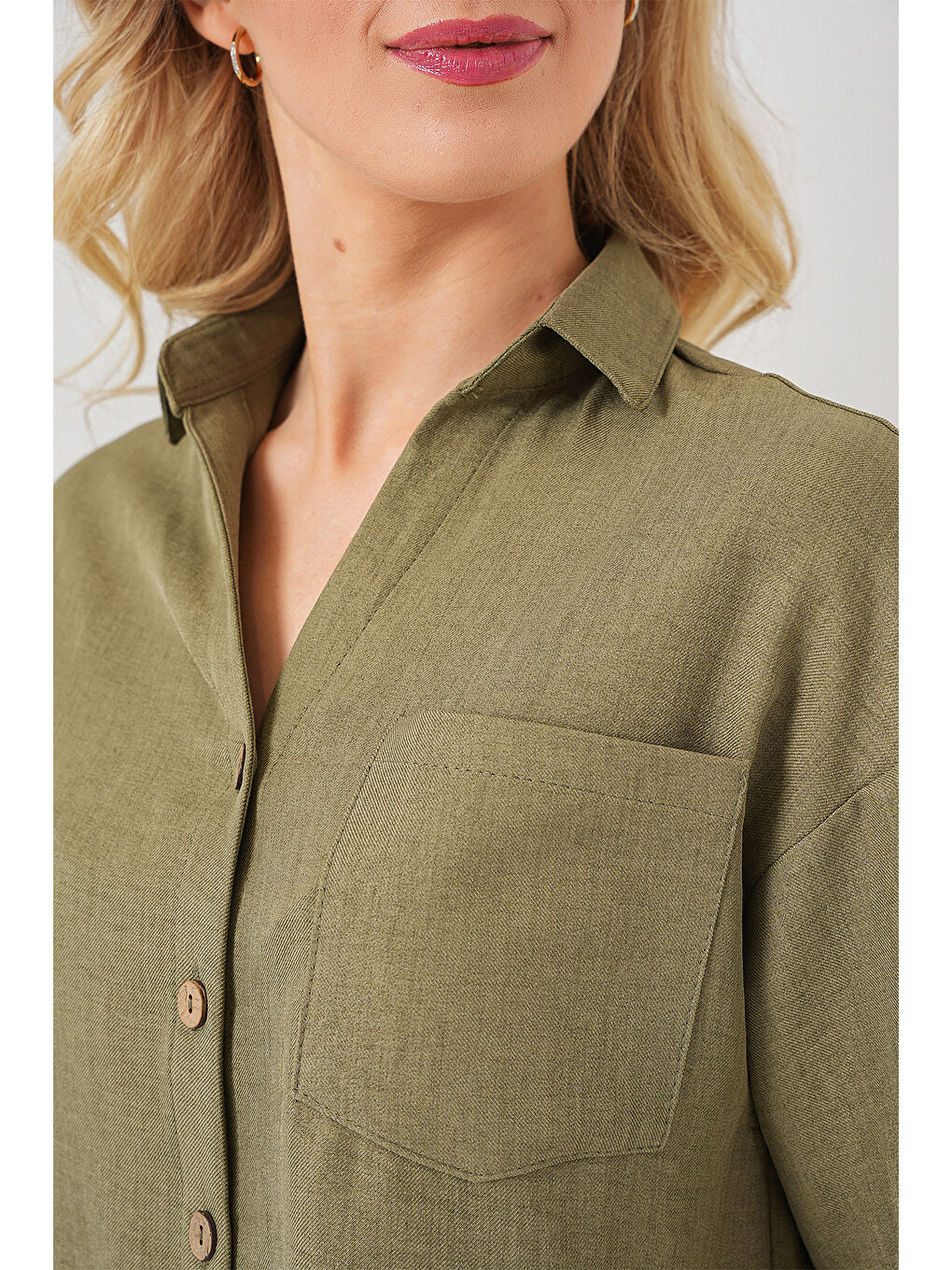 Yeşil Kadın Keten Görünümlü Crop Gömlek 20339 - Çağla-4