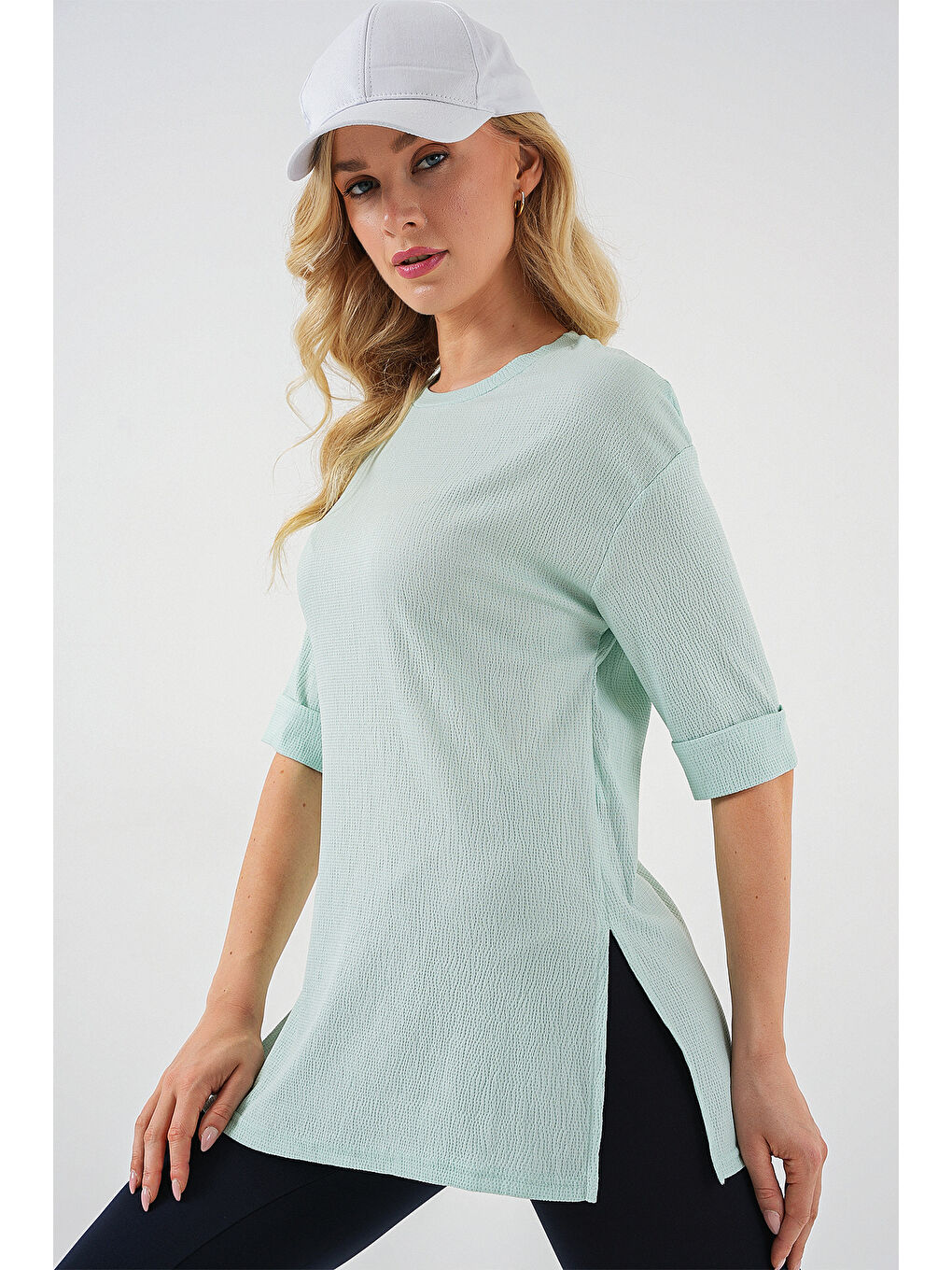 Yeşil 4332 Yanı Yırtmaçlı Örme Tişört - Mint-2