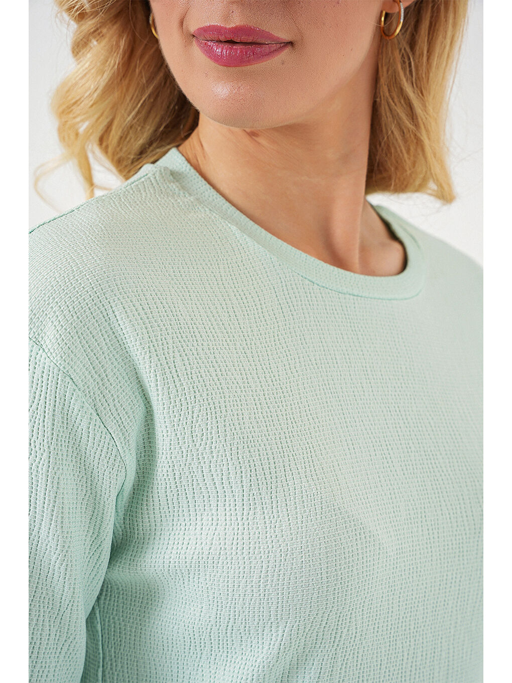 Yeşil 4332 Yanı Yırtmaçlı Örme Tişört - Mint-3