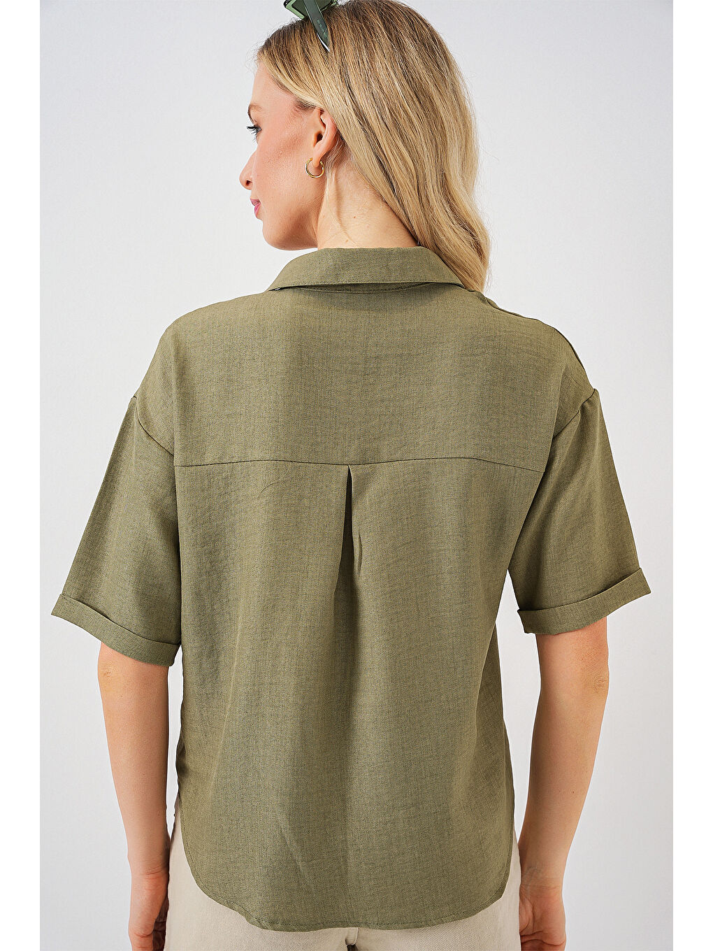 Yeşil Kadın Keten Görünümlü Crop Gömlek 20339 - Çağla-5