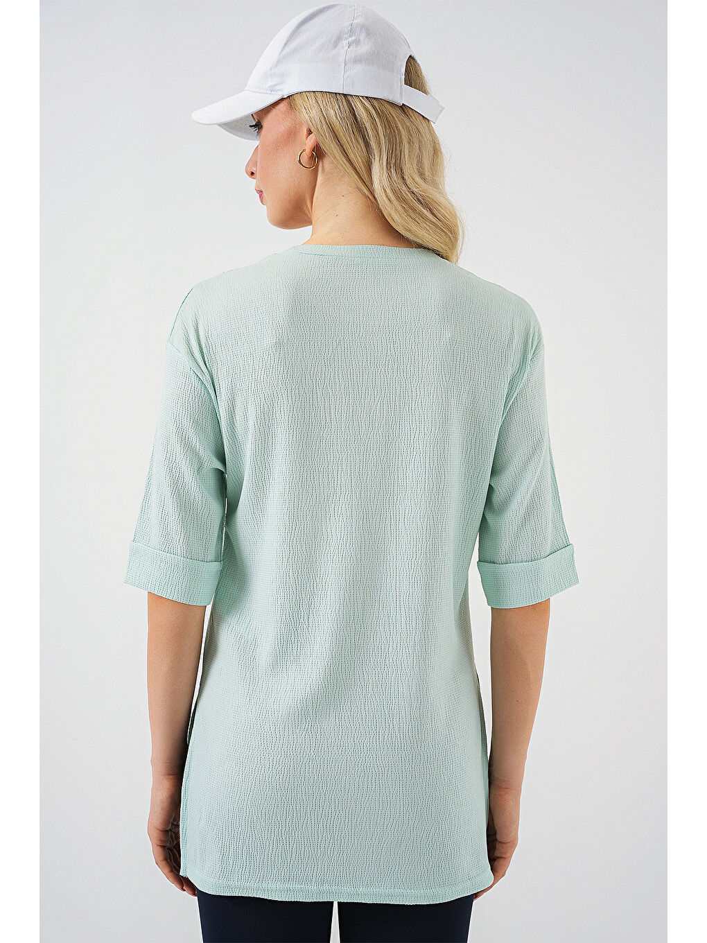 Yeşil 4332 Yanı Yırtmaçlı Örme Tişört - Mint-4