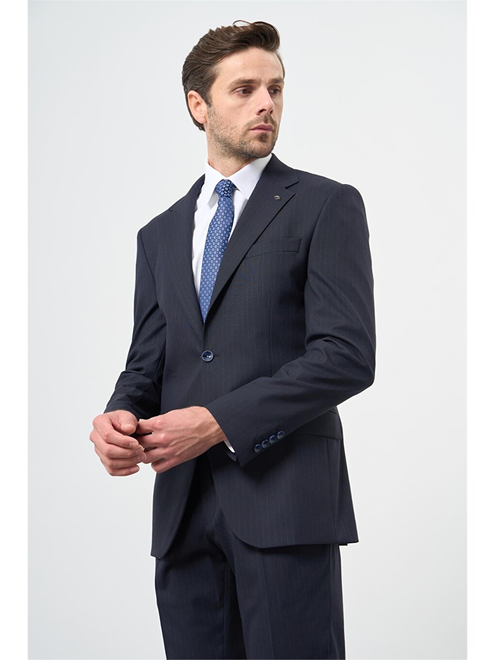 Lacivert Çizgili Mono Yaka Astarlı 6 Drop Slim Fit Dar Kesim Takım Elbise 1001245102