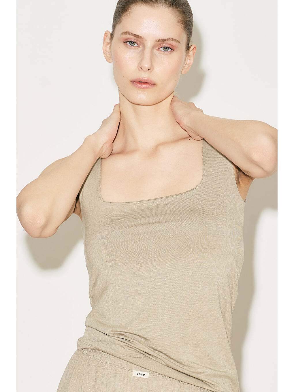 Bej Easy Kolsuz Kare Yaka Bluz Taş-3