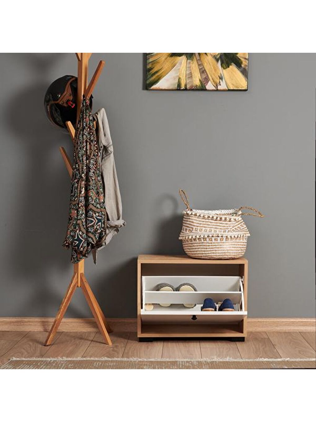 Kahverengi Aspendos Düşer Tek Kapak Ayakkabılık - Safir Meşe / Beyaz-2