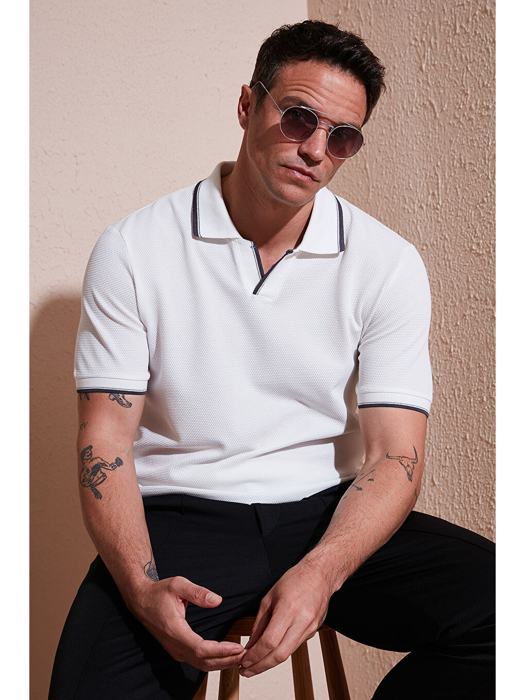 Ekru Streç Pamuklu Regular Fit Şerit Detaylı Polo Yaka Tişört 5902768-1